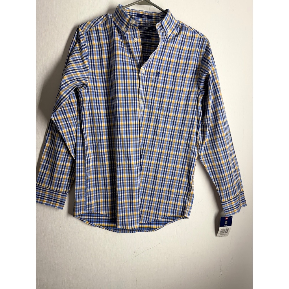 IZOD Boys Large 14/16 Stretch Button Down Shirt Blue Yellow Plaid Tamarind NEW